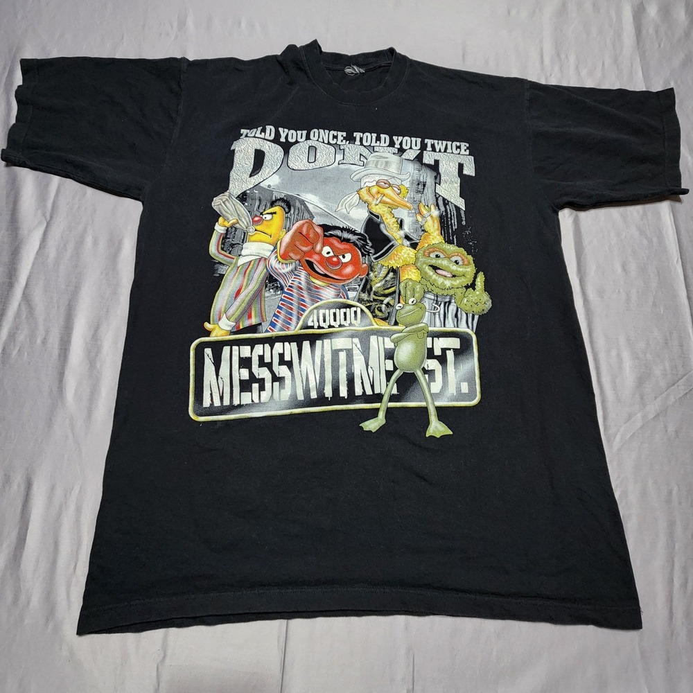 Vintage Sesame Street Parody Graphic T-Shirt Black Dont Messwitme St XL